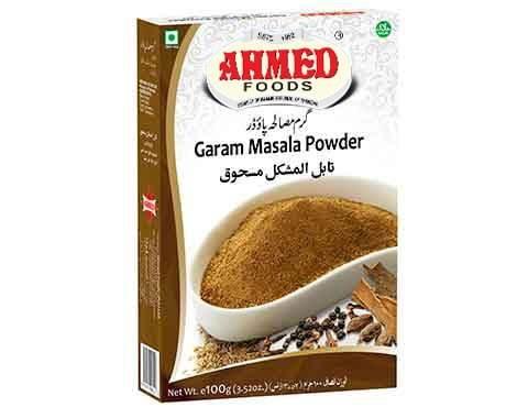 Ahmed Foods Garam Masala Powder 100g box featuring a white bowl with spice blend and whole spices