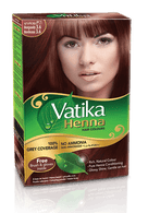 Vatika Henna hair color box in Burgundy 3.6 with image of woman with burgundy hair for grey coverage and natural conditioning