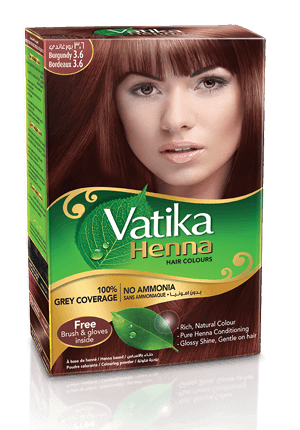 Vatika Henna hair color box in Burgundy 3.6 with image of woman with burgundy hair for grey coverage and natural conditioning