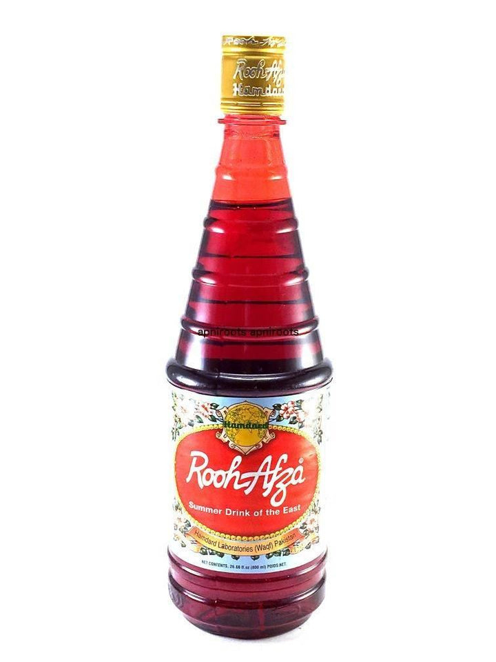 Rooh Afza concentrated red summer drink syrup bottle by Hamdard Laboratories Pakistan, 800ml
