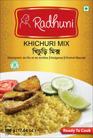 Radhuni Khichuri Mix 500g spice packet with image of yellow rice, fish, cucumber, tomato, and lime on plate