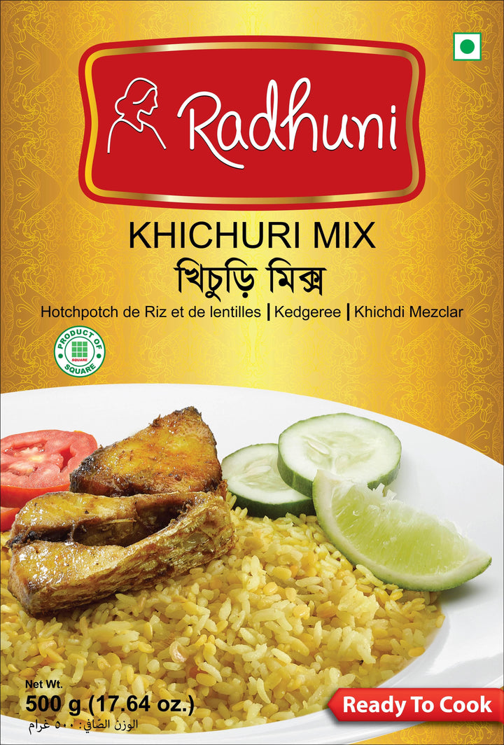 Radhuni Khichuri Mix 500g spice packet with image of yellow rice, fish, cucumber, tomato, and lime on plate