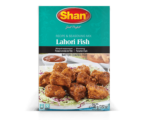 Shan Lahori Fish recipe and seasoning mix package showing batter coated fried fish on lettuce with dipping sauce