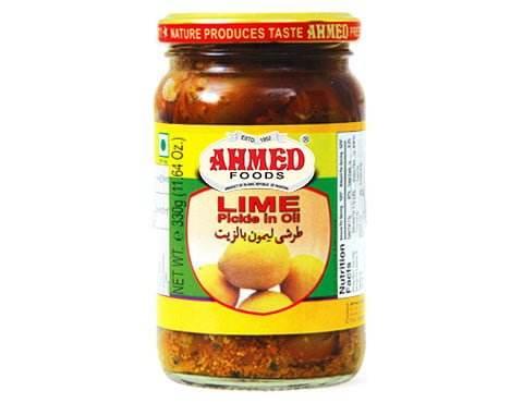 Ahmed Foods Lime Pickle in Oil 330g jar with yellow and green label showing preserved lime pieces