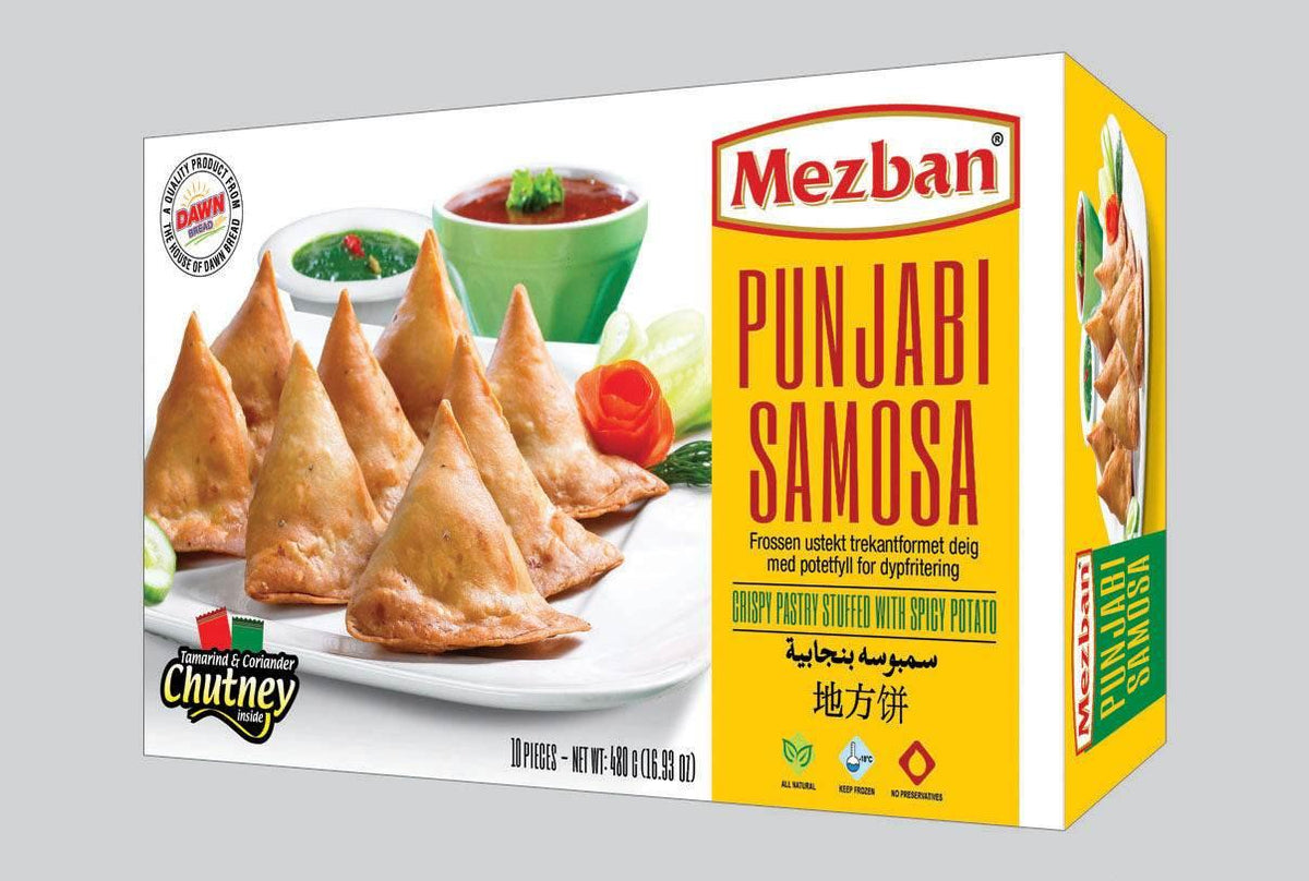 Mezban Punjabi Samosa box with 10 crispy triangular samosas and tamarind coriander chutney