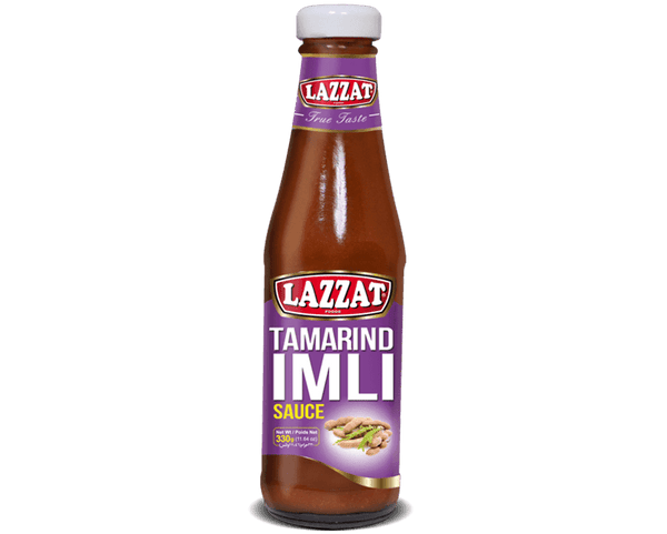 Lazzat Tamarind Imli Sauce 330g bottle with tamarind graphic on purple label