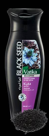 Vatika Black Seed Shampoo bottle with black seeds and flower on label, for strong and shiny hair