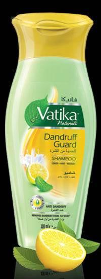 Vatika Naturals Dandruff Guard shampoo bottle with lemon and mint visuals for anti-dandruff hair care