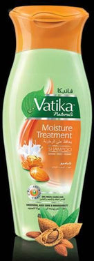 Vatika Naturals Moisture Treatment Shampoo bottle with almond and honey graphics on black background
