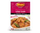 Shan Achar Gosht seasoning mix packet featuring spicy meat curry with green chilies in a white bowl