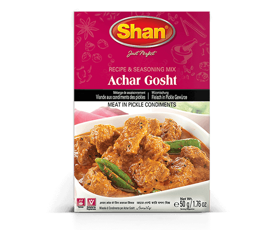 Shan Achar Gosht seasoning mix packet featuring spicy meat curry with green chilies in a white bowl