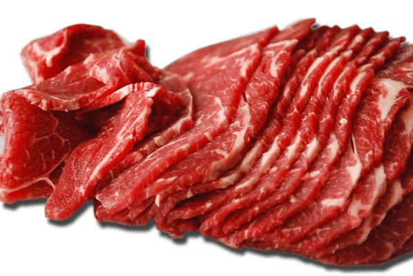 Thinly sliced raw beef with marbling on black background, fresh meat for cooking