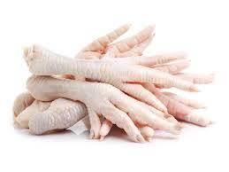 Fresh raw chicken feet stacked on white background for cooking or sale
