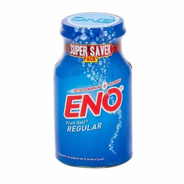 Blue ENO Fruit Salt Regular bottle with Super Saver Pack label and 6 seconds action claim