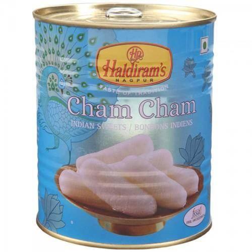 Haldiram's Cham Cham Indian sweets canned in blue packaging with peacock design