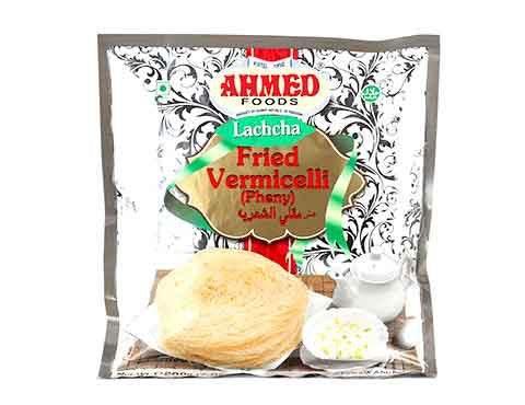 Ahmed Foods Lachcha Fried Vermicelli bag with nest-like vermicelli and bowl of milk and butter