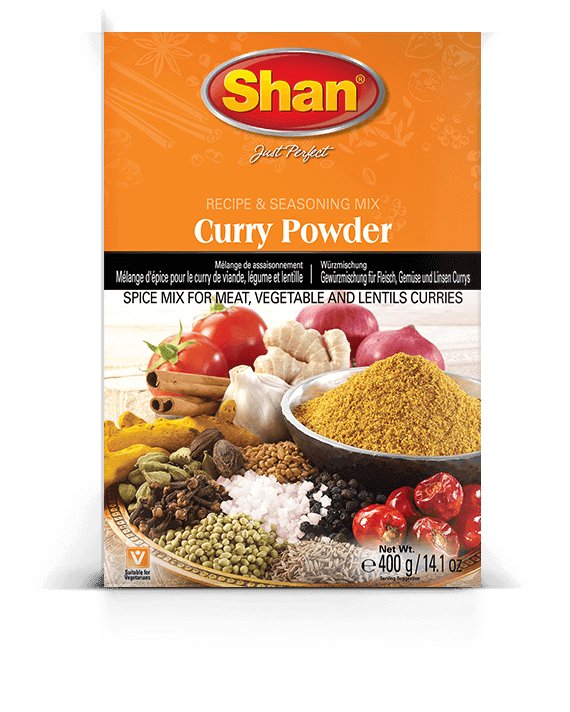 Shan Curry Powder spice mix packaging with ingredients like turmeric, garlic, black pepper, and tomatoes for meat, vegetable, and lentil curries