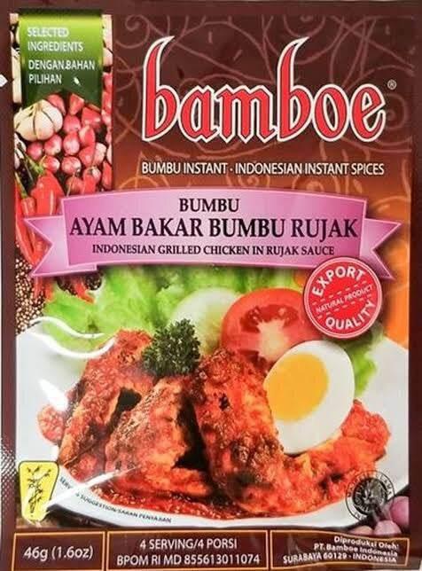 Bamboe Indonesian instant spices for Ayam Bakar Bumbu Rujak grilled chicken with rujak sauce packaging