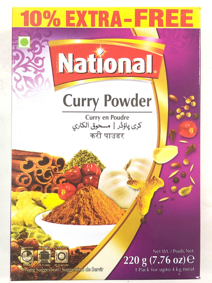 National brand curry powder box with spices illustration, 220g, 10% extra free, cooking info
