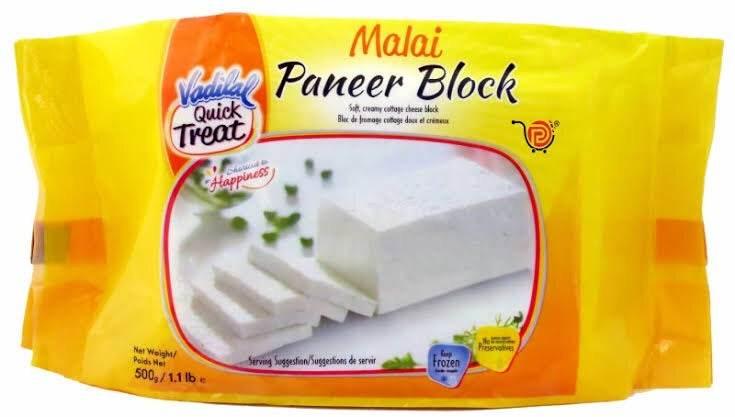 Vadilal Quick Treat Malai Paneer Block 500g packaging with creamy white cottage cheese slices on yellow background