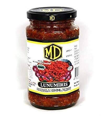 MD brand Lunumiris spicy chili pepper relish in a glass jar with a black lid