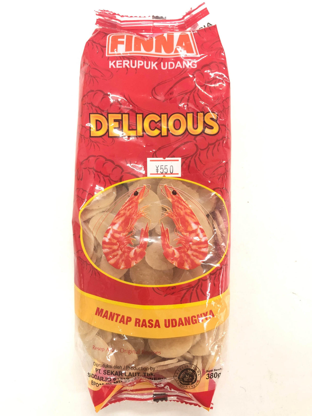 Finna Kerupuk Udang delicious shrimp crackers in red and yellow packaging with shrimp images