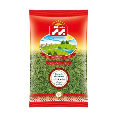 Bartar brand dried spearmint leaves in clear red and yellow plastic packaging with farm landscape logo