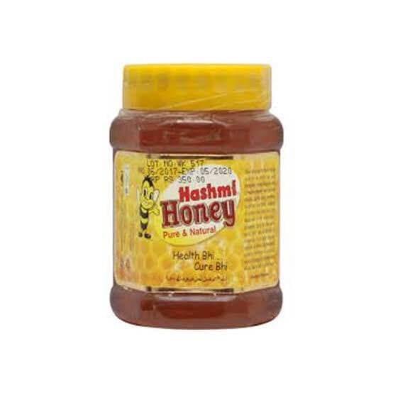 Jar of Hashmi pure and natural honey with yellow lid and bee mascot on label