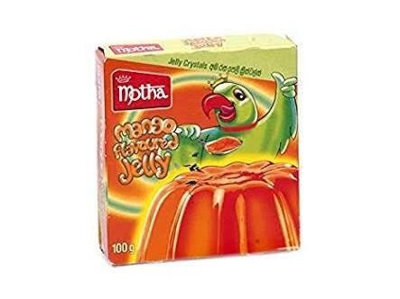 Motha brand mango flavored jelly crystals 100g box with colorful parrot illustration