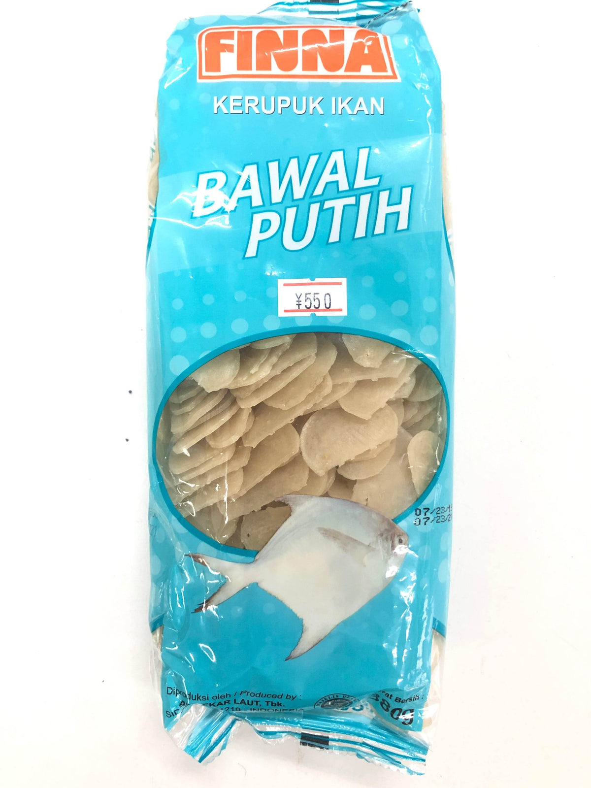 FINNA Bawal Putih Kerupuk Ikan fish crackers in transparent blue packaging with fish illustration