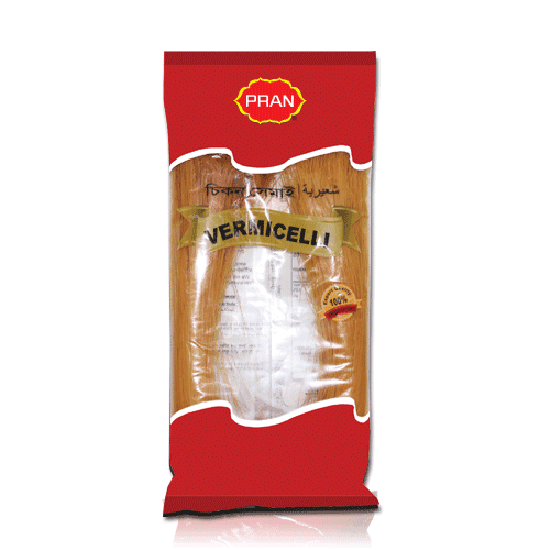 PRAN brand vermicelli pasta in red and transparent package with 100% quality label
