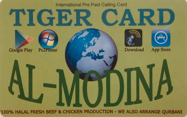 Tiger Card Al-Modina international prepaid calling card with globe and app store icons