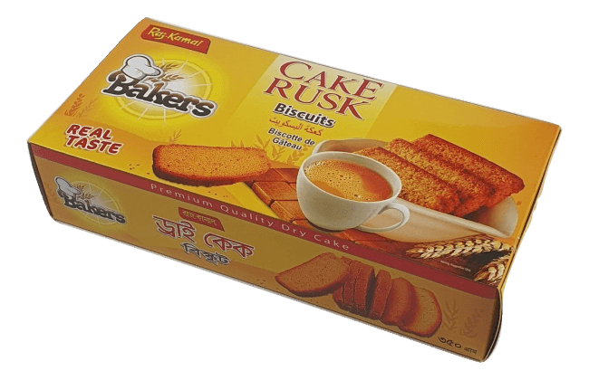 Raj Kamal Bakers Cake Rusk Biscuits box with coffee cup and toasted rusks on yellow packaging
