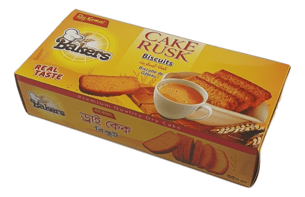 Raj Kamal Bakers Cake Rusk Biscuits box with coffee cup and toasted rusks on yellow packaging