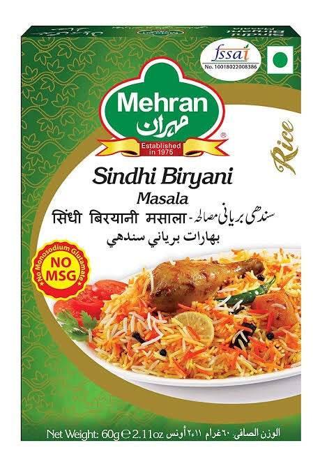 Mehran Sindhi Biryani Masala spice mix box with biryani rice and chicken image, 60g pack