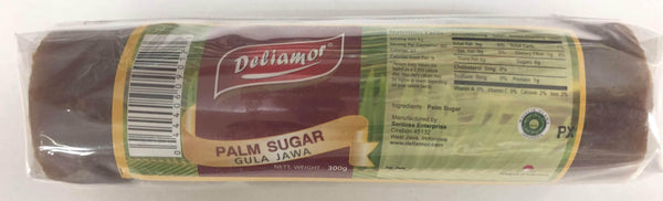 Deliamor brand 300g palm sugar block in clear plastic packaging with nutrition facts label