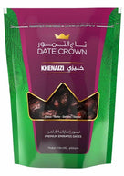 Date Crown Khenazi premium Emirates dates in resealable green and magenta package with crown-shaped window