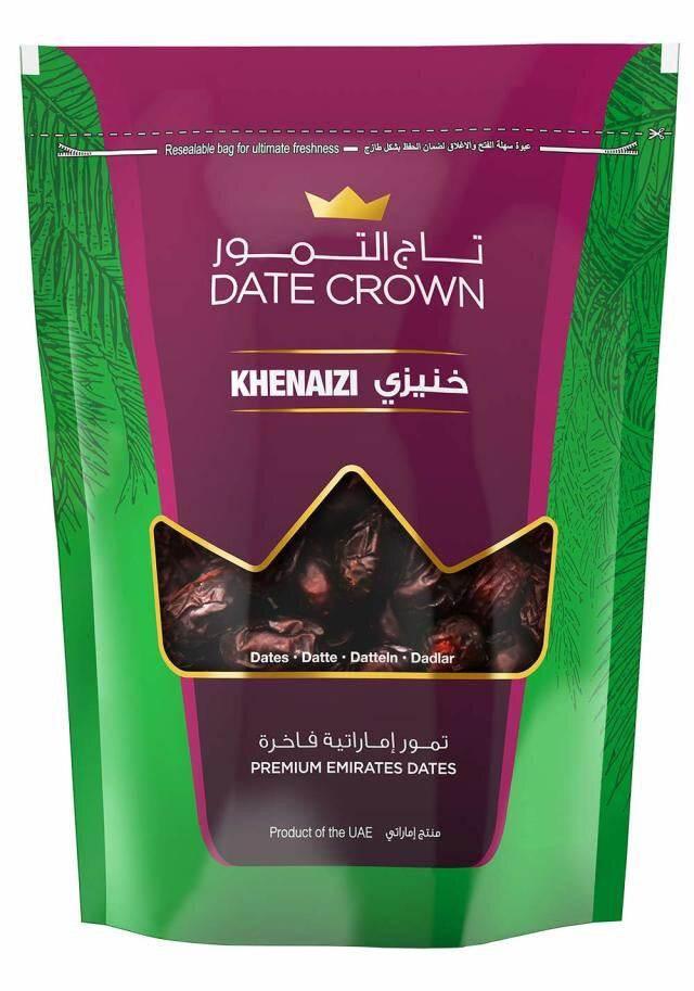 Date Crown Khenazi premium Emirates dates in resealable green and magenta package with crown-shaped window
