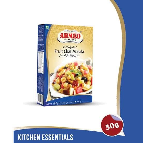 Ahmed Foods Fruit Chat Masala 50g box with colorful fruit salad image on front