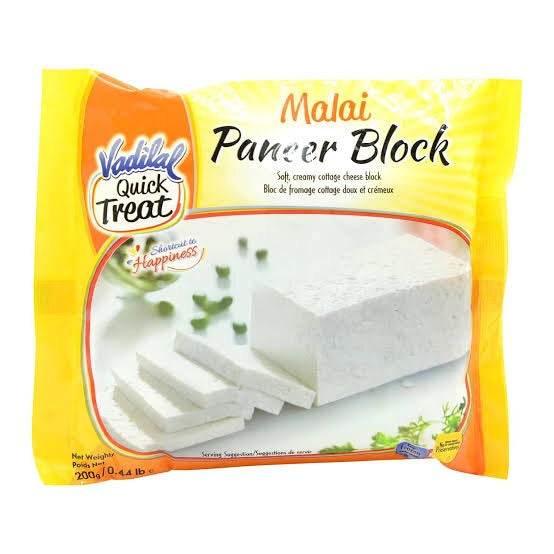 Vadilal Quick Treat Malai Paneer Block, soft creamy cottage cheese in yellow packaging