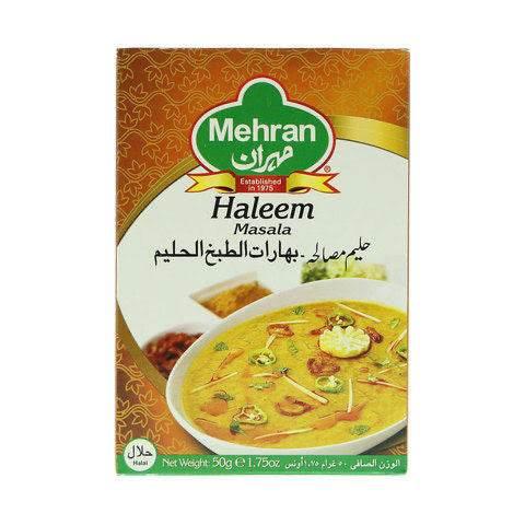Mehran Haleem Masala spice mix box with yellow haleem dish on front