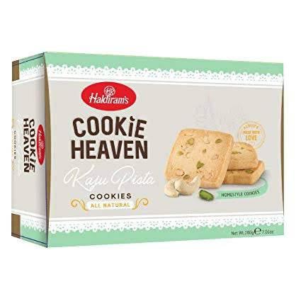 Haldiram's Cookie Heaven Kaju Pista cookies box with cashew and pistachio nuts, all natural homestyle cookies