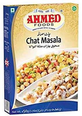 Ahmed Foods Chat Masala 50g packet with mixed snack and chickpea dishes on front