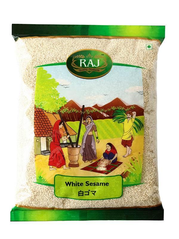 RAJ brand white sesame seeds pack with traditional Indian village farming illustration on front
