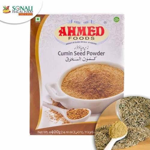Ahmed Foods cumin seed powder 400g pack with cumin seeds and ground powder close-up