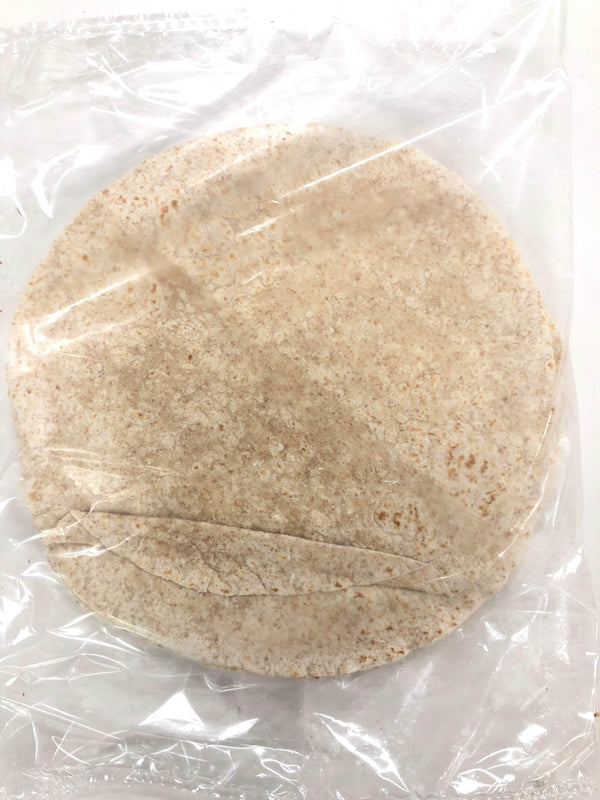 Pack of whole wheat tortillas in clear plastic packaging on white background