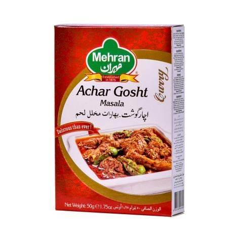 Mehran Achar Gosht Masala spice mix box with flavorful meat curry image and red-gold packaging
