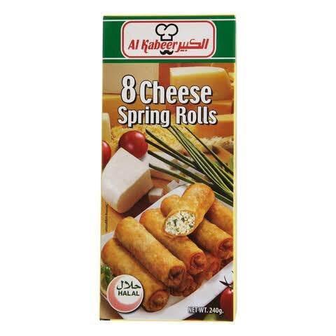 Al Kabeer 8 Cheese Spring Rolls box with golden fried rolls and fresh garnish, halal certified