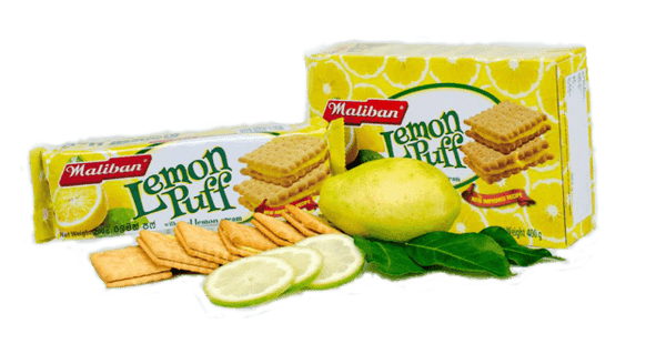 Maliban Lemon Puff biscuit packs with lemon slices, whole lemon, and green leaves on white background
