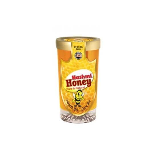 Hashmi Honey jar with golden lid, pure natural honey label featuring honeycomb and bee illustration